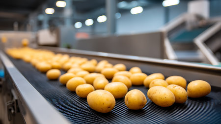 New potatoes on a conveyor belt in a modern production line.の素材