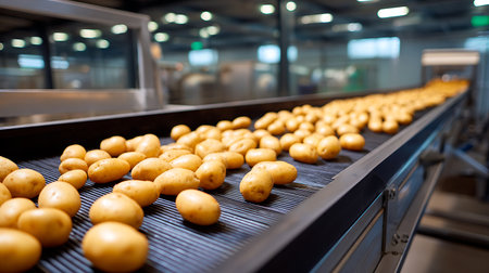 Potatoes on a conveyor belt in a factory, close-upの素材