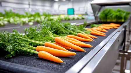 Carrots on conveyor belt in modern agricultural factory, closeupの素材
