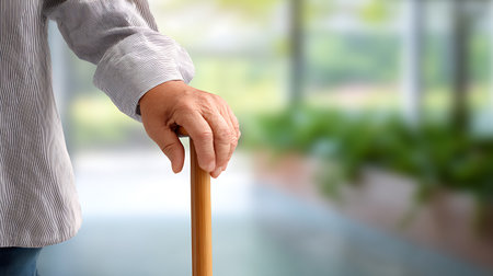 Old man with walking stick, closeup. Health care and medical conceptの素材