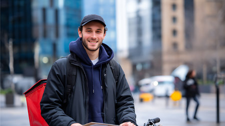 Portrait of a smiling delivery man with a parcel in the cityの素材