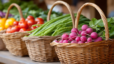Baskets of fresh radishes and green beans at farmers marketの素材