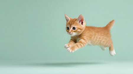 Funny ginger kitten flying on pastel green background with copy spaceの素材