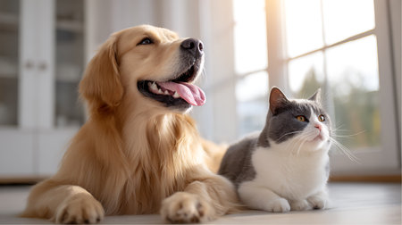 Cute cat and dog lying on the floor at home, closeupの素材