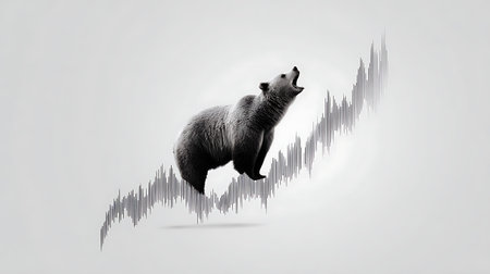 Bear with financial graph as symbol of stock market crash. Mixed mediaの素材