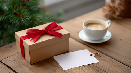 Christmas gift box with a red bow and a cup of coffee on a wooden backgroundの素材