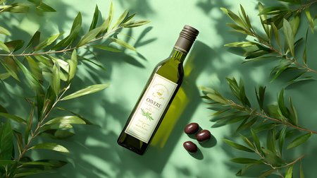 Bottle of olive oil and olives on color background, top viewの素材
