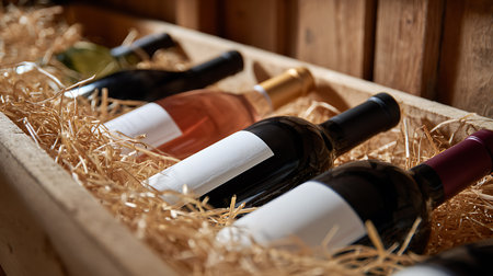 Bottles of wine in a wooden box on a straw background.の素材