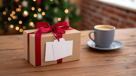 Cup of coffee and gift box on wooden table near Christmas treeの素材