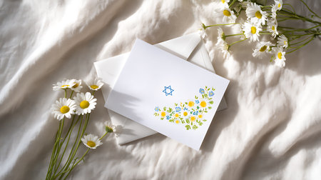 Bouquet of daisies and envelope with card on bedの素材