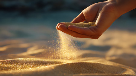 Sand in hand on the beach at sunset. Selective focus. nature.の素材