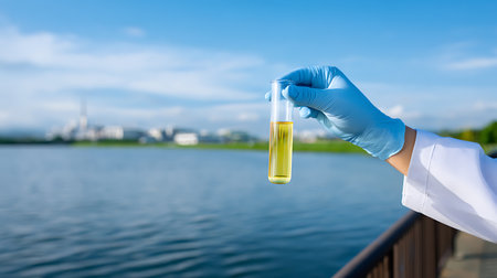 Scientist holding test tube with yellow liquid in hand on nature backgroundの素材
