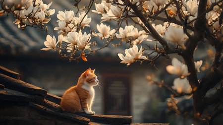 Cute ginger cat sitting on the roof and looking at magnolia flowersの素材