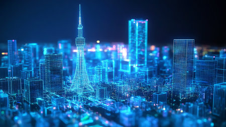Futuristic night city with skyscrapers and neon lights 3D renderingの素材