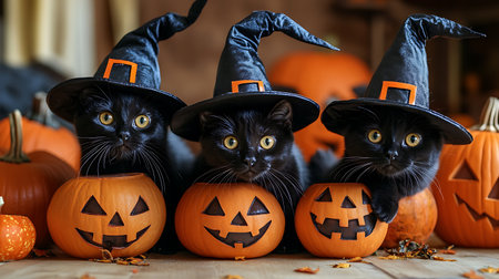 Halloween black cat in witch's hat with pumpkins on wooden backgroundの素材
