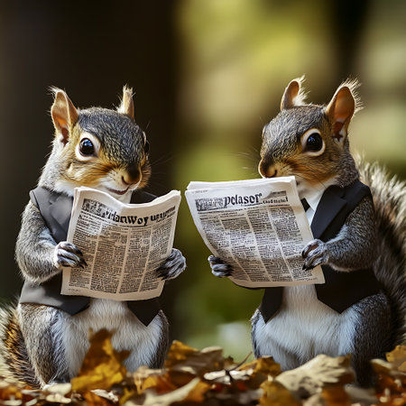 Two squirrels in suits reading a newspaper in the forest on a sunny dayの素材