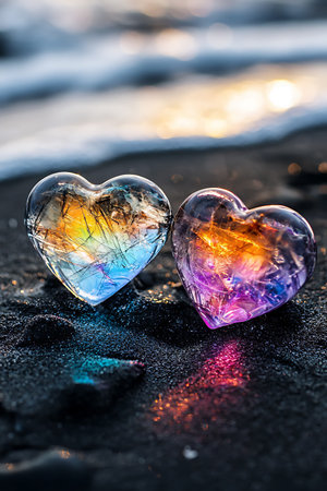 Two glass hearts on the seashore in the rays of the setting sunの素材