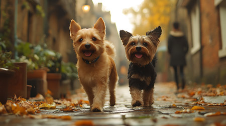 Two yorkshire terrier dogs walking on the street in autumn.の素材