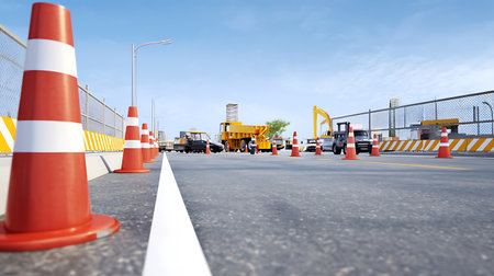 Road construction site with orange and white traffic cones, 3d renderingの素材
