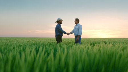 African american businessman shaking hands with his colleague in wheat field.の素材
