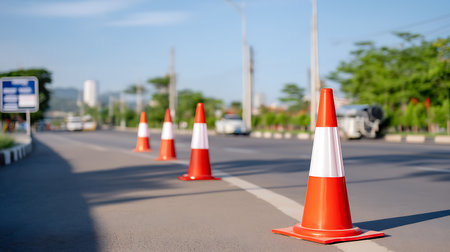 Traffic cones on the road with blue sky background. Copy space.の素材