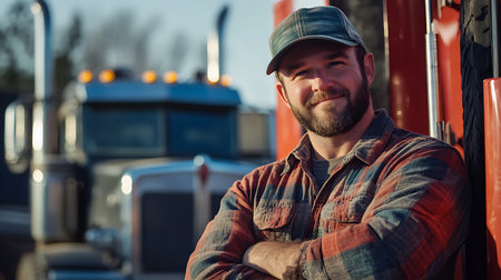 Portrait of a handsome bearded farmer standing in front of his truckの素材