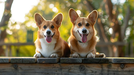 Two Welsh Corgi Pembroke dogs sitting on a wooden fenceの素材