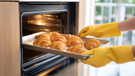 cropped shot of woman in rubber gloves baking croissants in ovenの素材