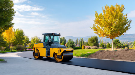 Asphalt road roller with heavy vibration roller compactor at construction site. Road construction equipment.の素材