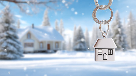 House keychain with key chain in winter forest. 3D renderingの素材