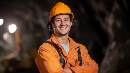 Portrait of a young caucasian male worker in a construction siteの素材