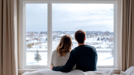 Couple sitting on the windowsill and looking at a winter landscapeの素材