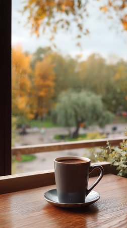 Cup of coffee on the background of the autumn landscape. View from the window.の素材