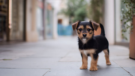 Cute puppy is standing on the street and looking at the camera.の素材