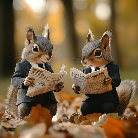 Squirrel and squirrel reading newspaper on autumn leaves background in the parkの素材
