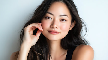 Portrait of a beautiful young Asian woman on white background.の素材