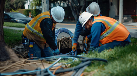 Team of construction workers are repairing and installing the electrical cable on the streetの素材