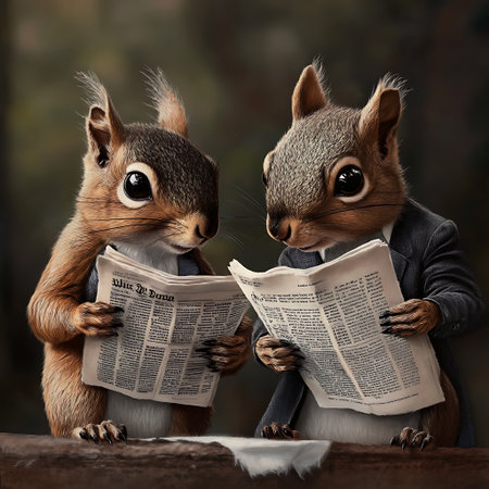 Squirrel and squirrel reading newspaper in the forest. 3D illustration.の素材