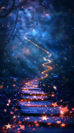 Christmas tree made of wooden steps with colorful lights in the dark forestの素材