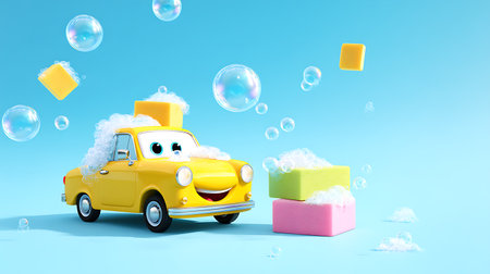 3d illustration of yellow car with soap bubbles floating over blue backgroundの素材