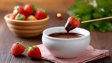 Chocolate fondue with fresh strawberries on wooden table, closeupの素材