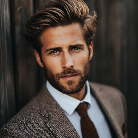 Handsome young man in a brown jacket and tie. Men's beauty, fashion.の素材