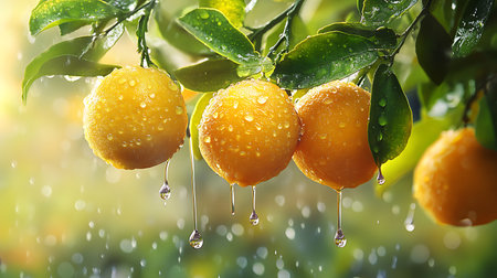 Ripe tangerines hanging on tree with drops of water, closeupの素材