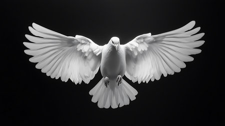 White dove flying in the dark, black and white photo of birdの素材