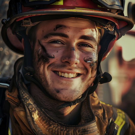 Portrait of a firefighter in a protective helmet and glasses. Close-up.の素材