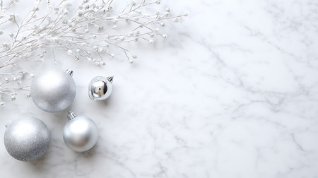 Silver christmas balls on white marble background. Flat lay, top viewの素材