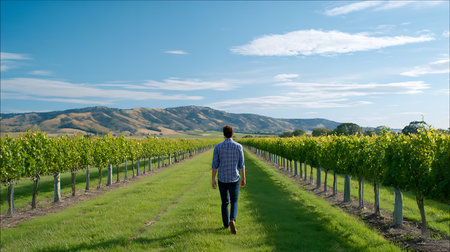 Rear view of a man walking along a vineyard in Californiaの素材