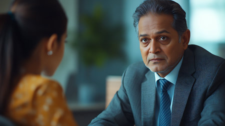 Serious mature businessman sitting at desk and looking at camera with his daughterの素材