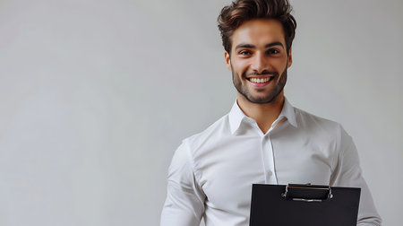 Portrait of a handsome young business man holding a folder and smilingの素材