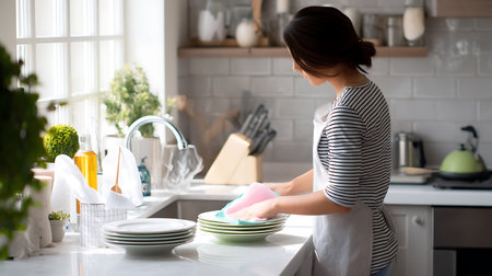 Young woman washing dishes in the kitchen at home. Cleaning concept.の素材